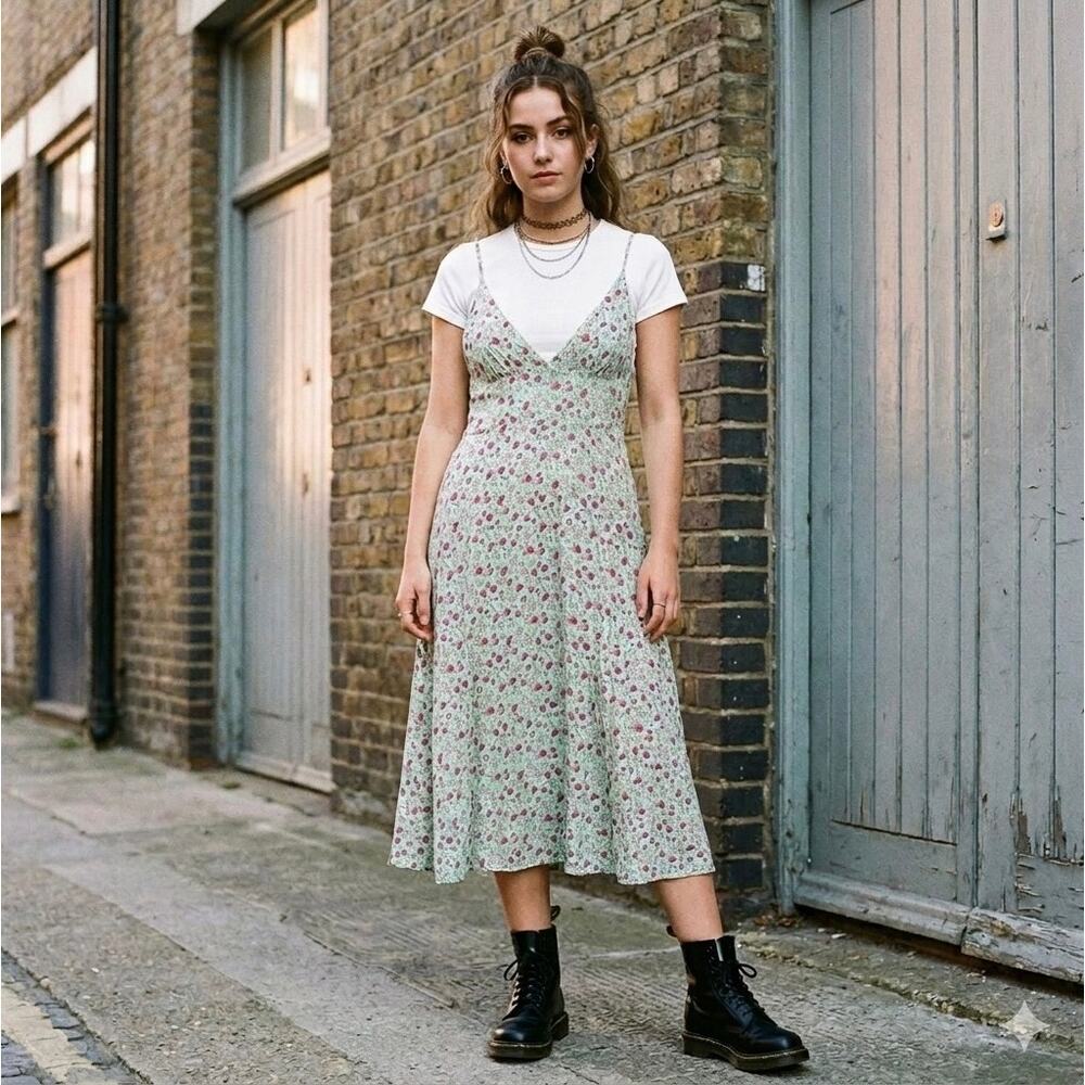 Bisouxx Mint Green Floral V-Neck Midi Dress 90’s Romantic Grunge- size M